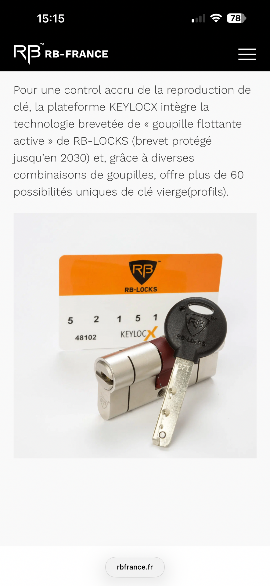 Cylindre RB-LOCKS KeyLocX avec sa clé à profil protégé breveté et sa carte de propriété KeyLocX : toute reproduction de clé exige la présentation de cette carte nominative