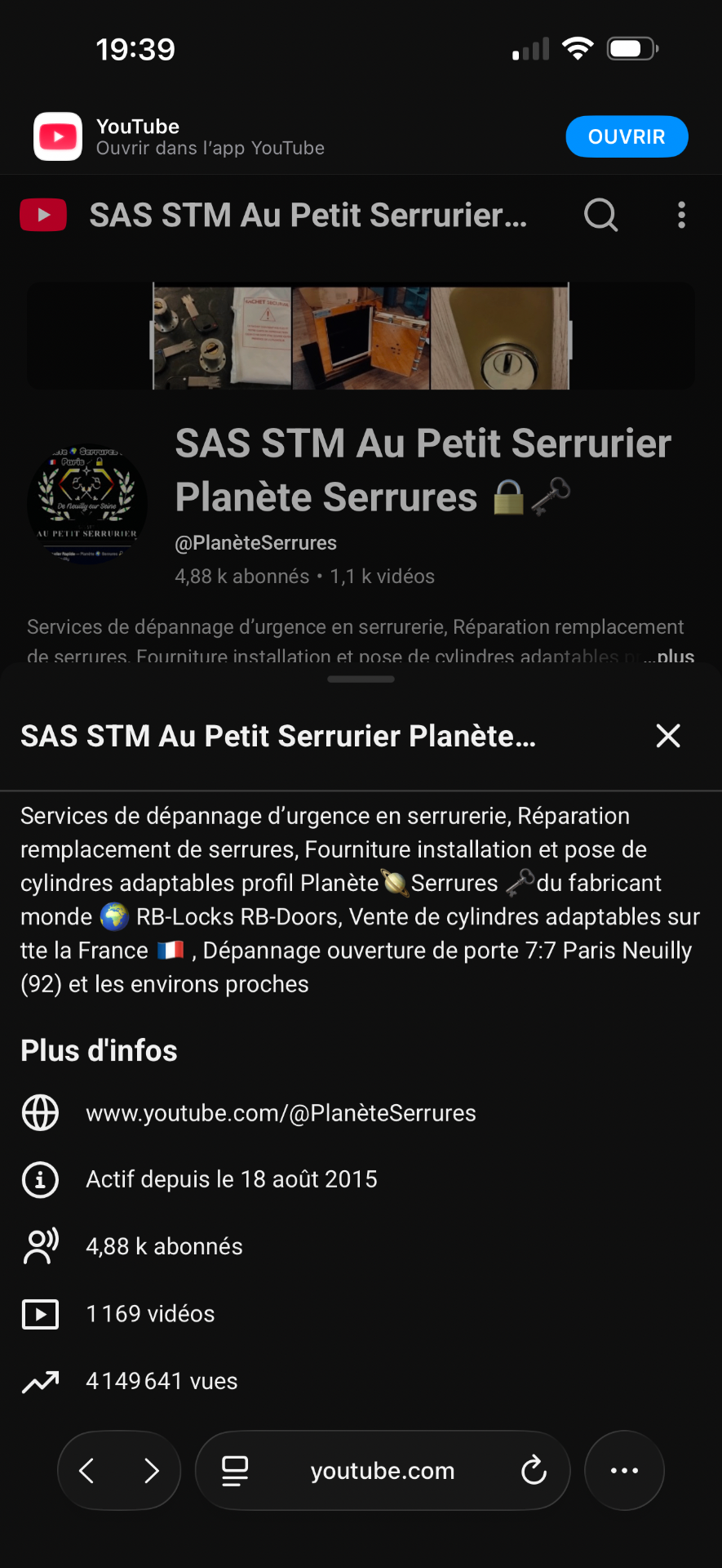 Fiche d'informations de la chaîne YouTube Planète Serrures : actif depuis 2015, 4,88 k abonnés, 4 149 641 vues