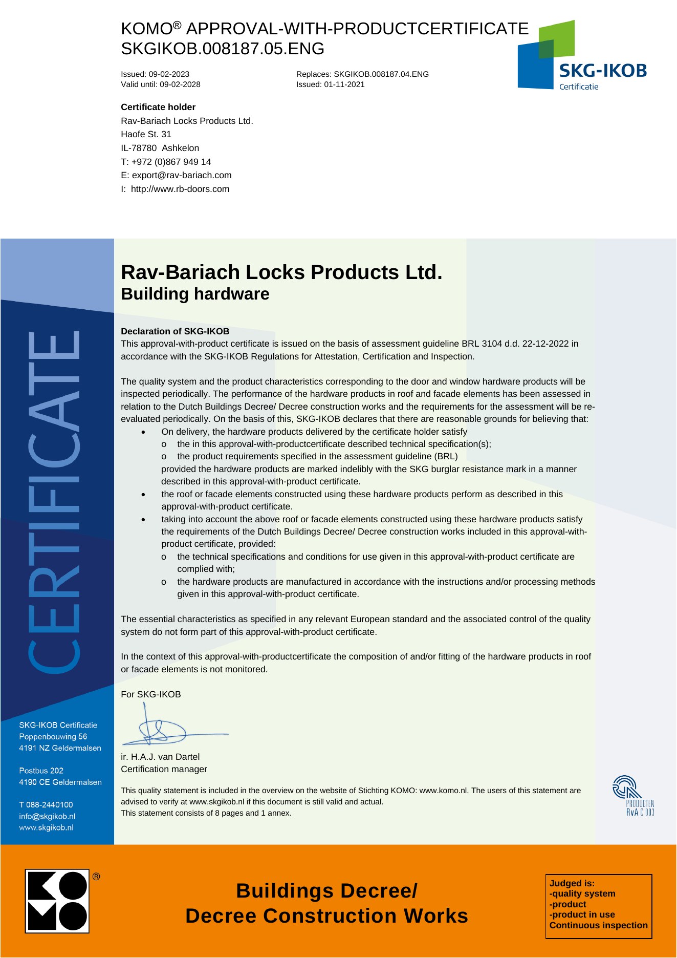 Première page complète du certificat KOMO SKG-IKOB n° SKGIKOB.008187.05 délivré à Rav-Bariach Locks Products (RB-DOORS / RB-LOCKS) par le centre de certification européen indépendant SKG-IKOB aux Pays-Bas : en-tête KOMO, logo SKG-IKOB et bandeau orange « Buildings Decree » en pied de page