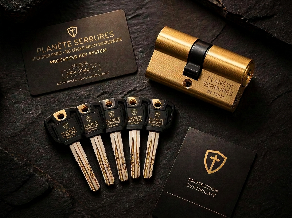 Cylindre adaptable de très haute sûreté SECURIER RB-LOCKS présenté avec son jeu de clés à profil protégé breveté et sa carte de propriété nominative, posé sans changer de serrure