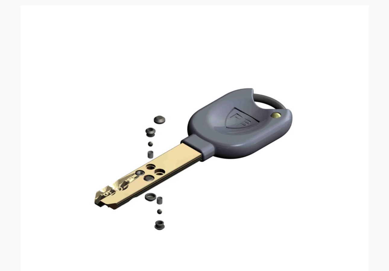 Schéma technique d'une clé RB-LOCKS KeyLocX avec goupille flottante active : protection contre le crochetage, le perçage et la reproduction non autorisée